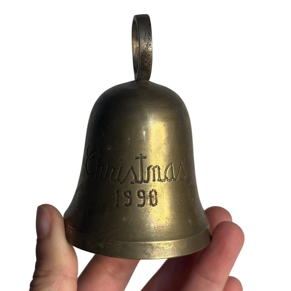 VTG 1990 Silver-Plated Brass Hand Bell‎ Engraved Christmas Mantel Décor 3" Retro